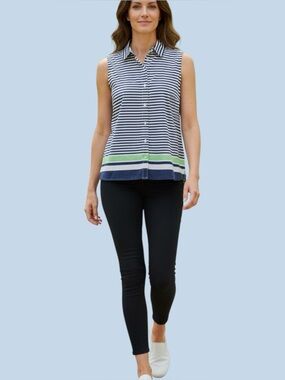 Nautica Linen Blend Sleeveless Button Front Collared Shirt Women’s M Navy Stripe